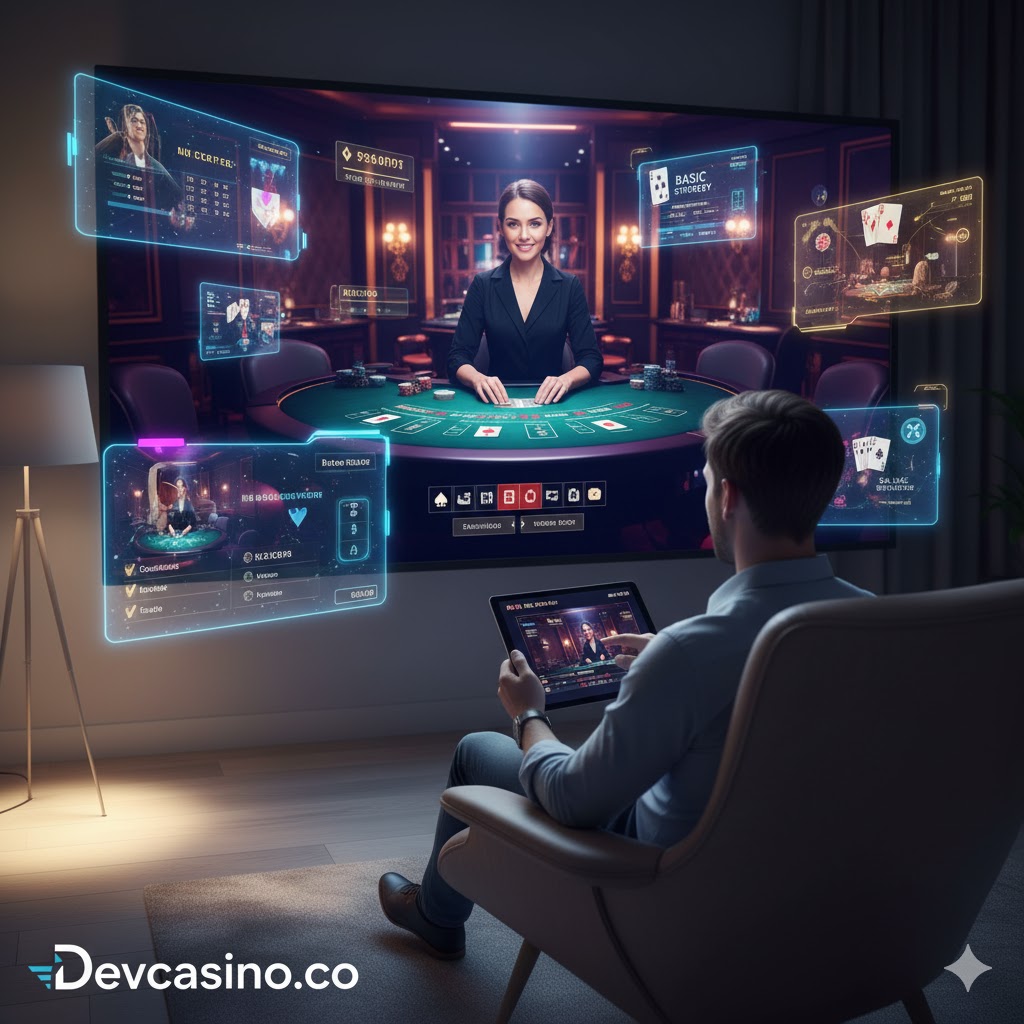 "Şık ve modern bir odada, rahat bir koltukta oturan birinin omuz arkasından bir bakış açısı düşün. Bu kişinin önünde, duvarda devasa, ultra yüksek çözünürlüklü bir ekran var. Ekranda, lüks bir casino stüdyosunda, gülümseyen ve profesyonel bir krupiyer, blackjack kartlarını dağıtıyor. Krupiyerin görüntüsü o kadar net ve canlı ki, sanki odanın içindeymiş gibi hissediliyor. Ekranın etrafında, artırılmış gerçeklik (AR) grafikleri havada süzülüyor. Bu grafikler, oyuncunun elindeki kartları, potansiyel kazançları ve temel strateji ipuçlarını gösteren parlak, neon hologramlar şeklinde. Oyuncunun elinde ise bir tablet var ve parmağıyla bahis miktarını ayarlıyor. Odanın atmosferi loş ve konforlu, ancak ekrandan yansıyan canlı casino stüdyosunun parlak ışıkları odayı aydınlatıyor. Bu görsel, ev konforu ile gerçek casino heyecanının, teknoloji sayesinde nasıl mükemmel bir şekilde birleştiğini anlatıyor. Sol alt köşede ise zarif bir şekilde parlayan 'Devcasino.co' logosu, bu üst düzey deneyimin adresi olduğunu belirtiyor."