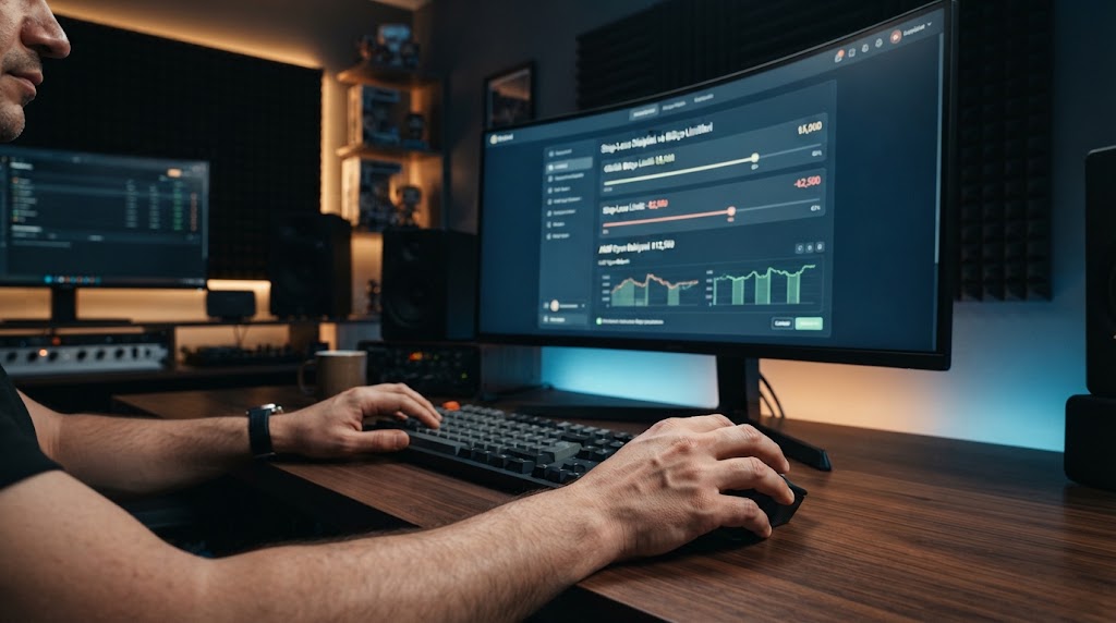 Bilgisayar ekranında stop-loss disiplini ve bütçe limitlerini ayarlayan oyuncunun gözünden görünüm.