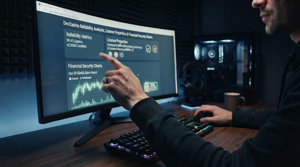 devcasino güvenilirlik ve lisans detaylarını bilgisayar ekranından inceleyen oyuncunun elleri.