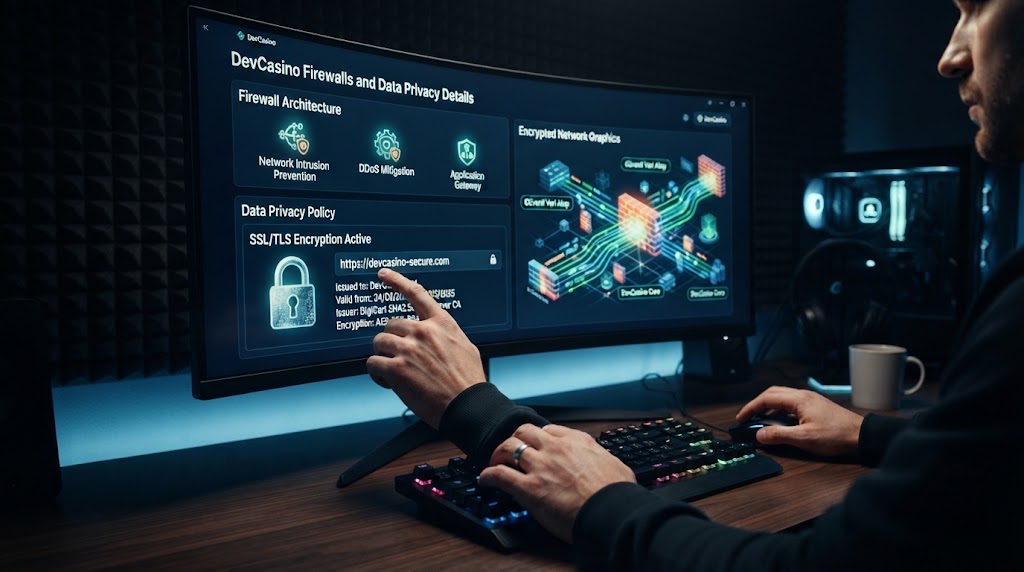 devcasino güvenlik duvarları ve oyuncu veri gizliliği detaylarını bilgisayar ekranından inceleyen oyuncunun elleri.