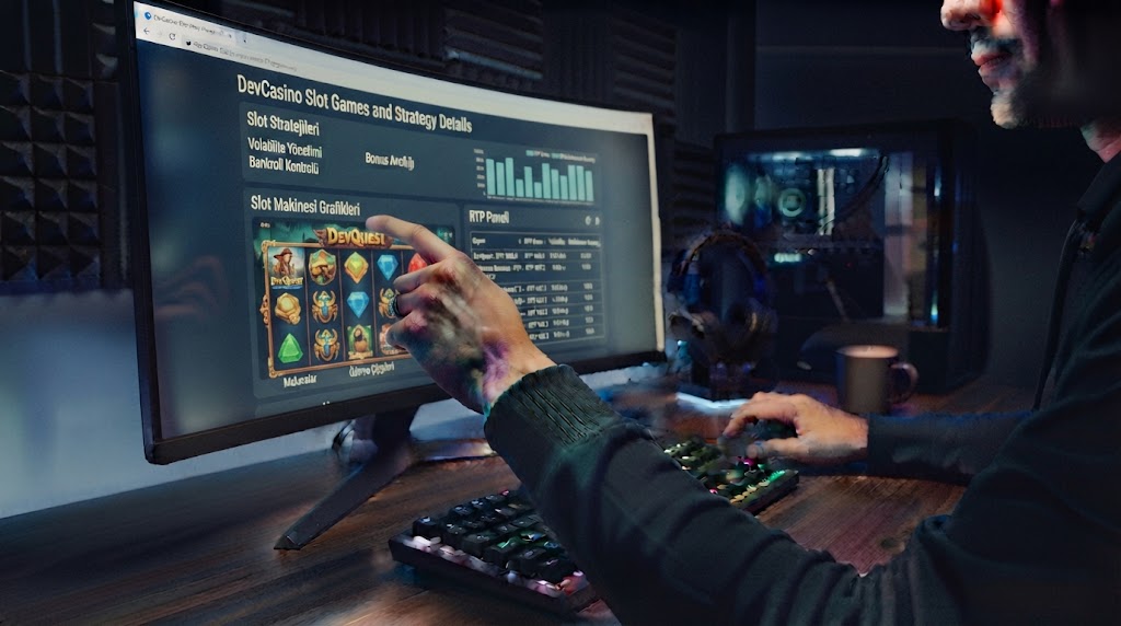 devcasino slot oyunları ve stratejileri detaylarını bilgisayar ekranından inceleyen oyuncunun elleri.