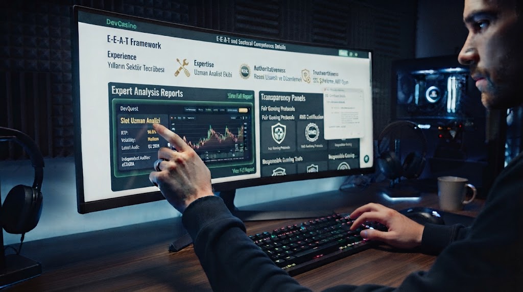 devcasino E-E-A-T ve sektörel yetkinlik detaylarını bilgisayar ekranından inceleyen oyuncunun elleri.